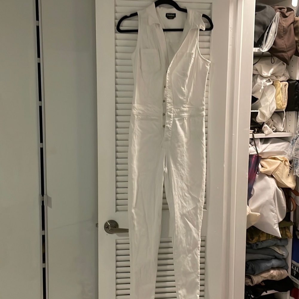 Bebe white jean jumpsuit